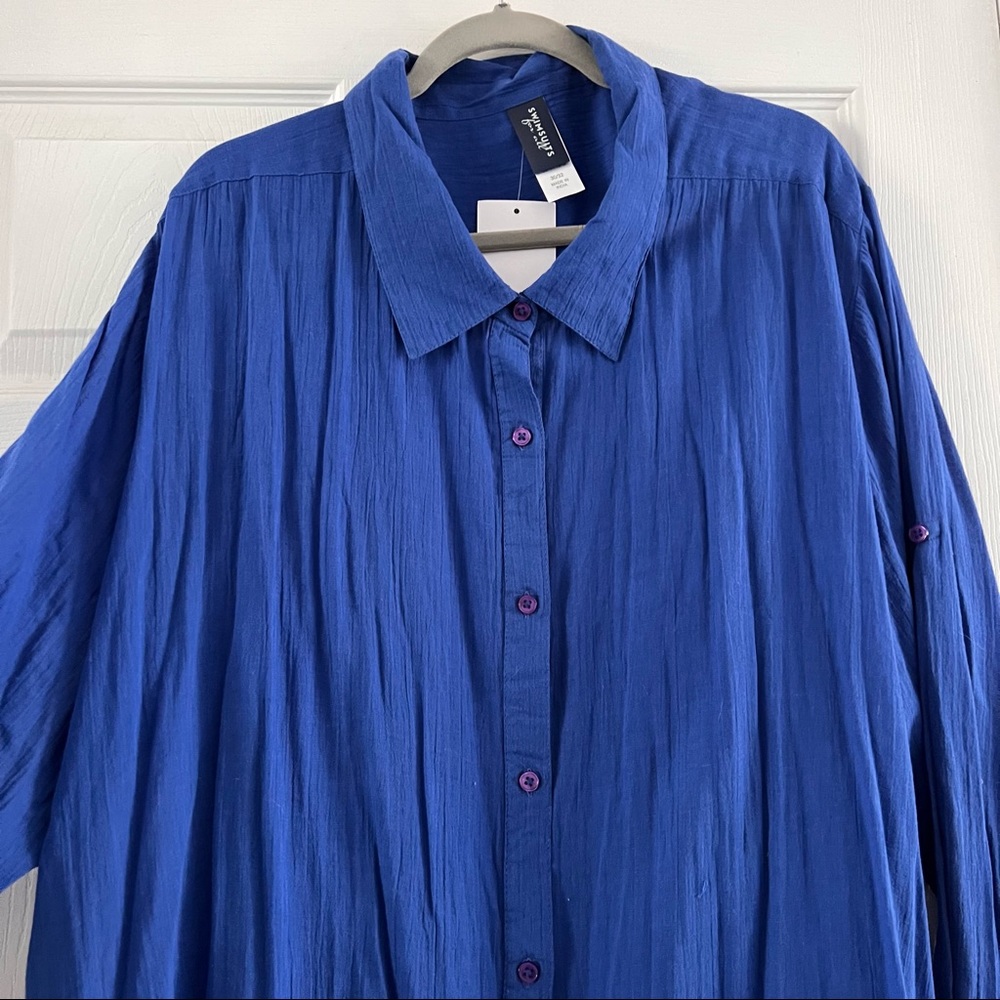 Swimsuits For All Blue Button Down Cover Up Shirt - Plus Size 30/32